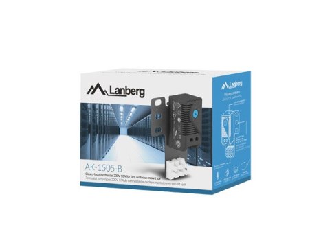 TERMOSTAT ZAMYKAJĄCY 10A DO SZAF Z UCHEM MONTAŻOWYM (RACK) I KOSTKĄ ELEKTRYCZNĄ CZARNY LANBERG