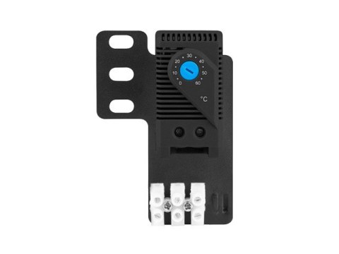 TERMOSTAT ZAMYKAJĄCY 10A DO SZAF Z UCHEM MONTAŻOWYM (RACK) I KOSTKĄ ELEKTRYCZNĄ CZARNY LANBERG