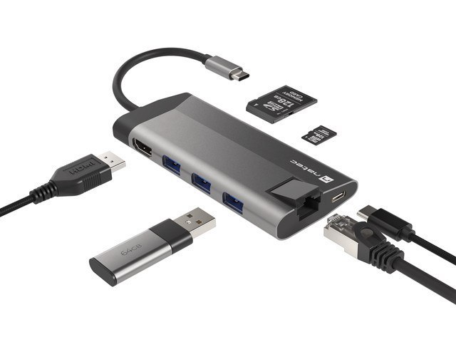 MULTIPORT ADAPTER NATEC FOWLER PLUS USB-C->HUB USB 3.0 3X, HDMI 4K, USB-C PD, RJ45, SD, MICRO SD
