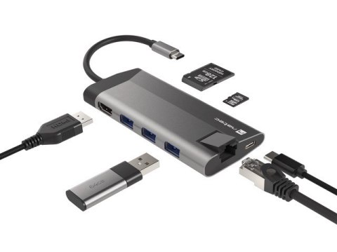 MULTIPORT ADAPTER NATEC FOWLER PLUS USB-C 8W1 HUB -> USB 3.0 3X, HDMI 4K, USB-C PD, RJ45, SD, MICRO