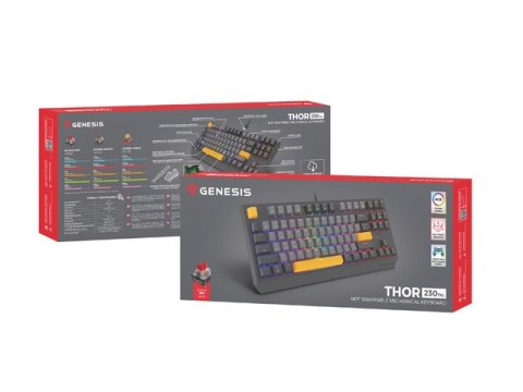 KLAWIATURA DLA GRACZY GENESIS THOR 230 TKL ANCHOR GRAY NEGATIVE US RGB MECHANICZNA OUTEMU RED